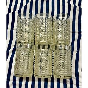 6 Federal Indiana Glass Windsor Button & Cane Pattern Tumblers 5” Vintage